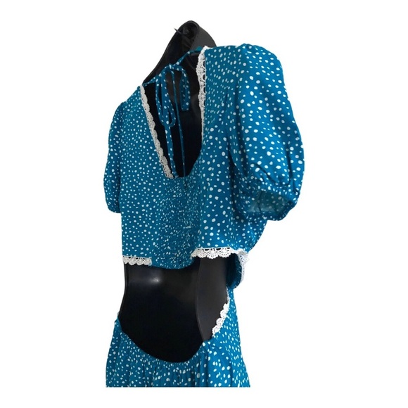 Puff sleeve crochet lace trim open back waist cutout blue teal short dress sizeM - Picture 4 of 14